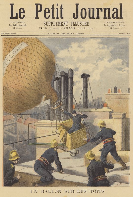Balon lądujący awaryjnie na dachach Paryża autorstwa after Frederic Theodore Lix