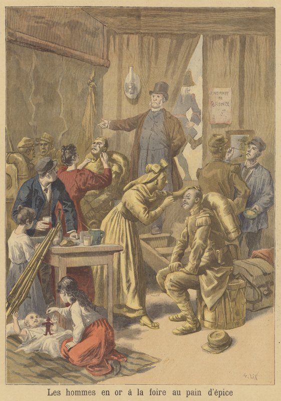Mężczyźni malowani na złoto przed Wielkanocnym Jarmarkem Piernikowym autorstwa after Frederic Theodore Lix