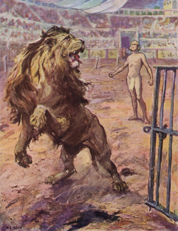Lew . . . Zatrzymał się nagle na arenie, podniósł się na wpół, wydał zdumione wycie autorstwa after Frederick Coffay Yohn