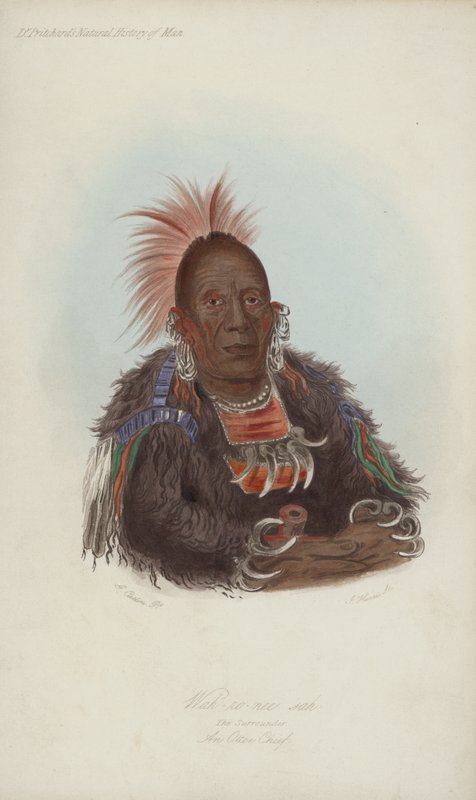 Wah-ro-nee sah, The Surrounder, An Ottoe Chief (akwatinta) autorstwa after George Catlin