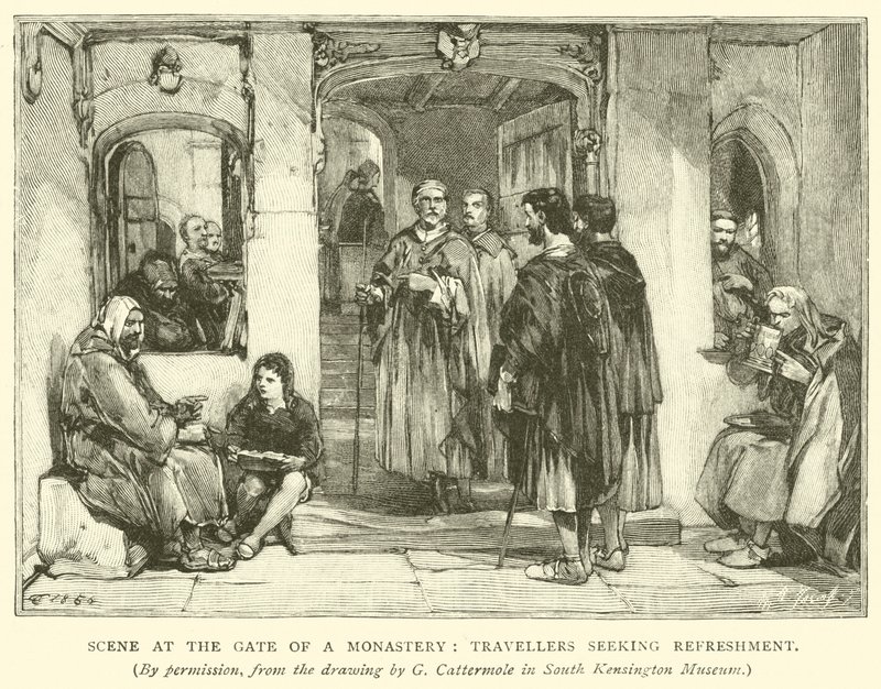 Scena przy bramie klasztoru, podróżnicy szukający orzeźwienia autorstwa after George Cattermole