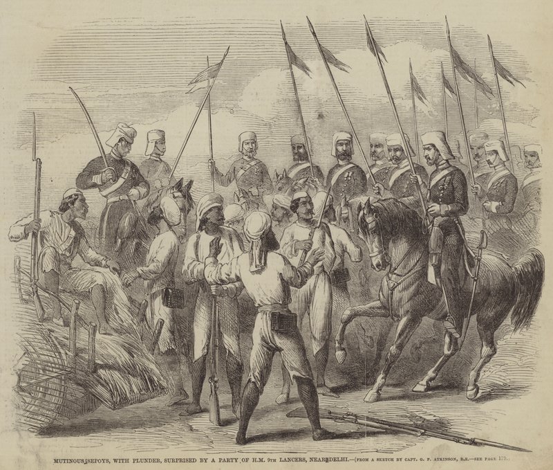 Buntowniczy sipajowie z Plunderem zaskoczeni przez partię HM 9th Lancers, niedaleko Delhi autorstwa after George Francklin Atkinson