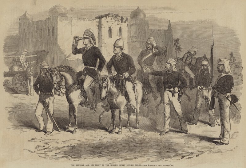 Generał i jego sztab na pikiecie do meczetu przed Delhi autorstwa after George Francklin Atkinson