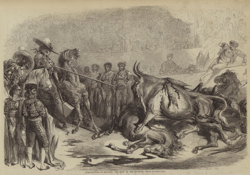Walka byków w Bayonne, cios Picadore autorstwa Gustave after Dore