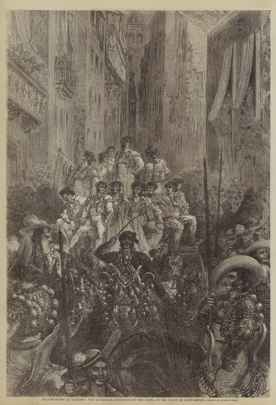 Walka byków w Bayonne, kawalkada zmierzająca do areny na Place de Saint-Esprit autorstwa Gustave after Dore