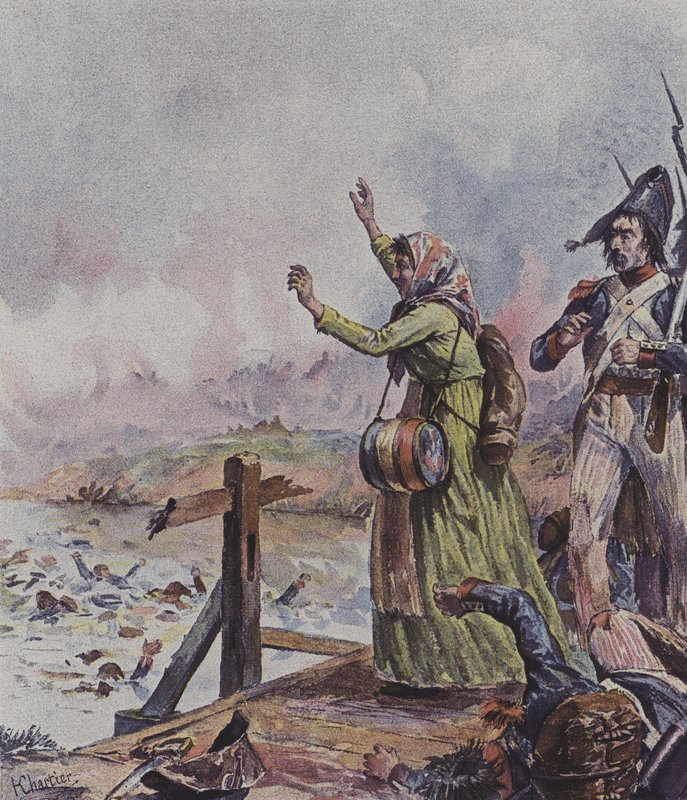 Francuska kantynierka widząc męża wśród grupy tonących żołnierzy w bitwie pod Arcole we Włoszech, 1796 autorstwa after Henri Georges Jacques Chartier