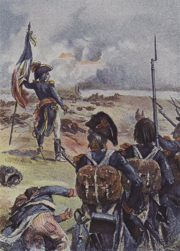 Generał Augereau umieszcza flagę 1. batalionu 99. pułku przed swoimi liniami w bitwie pod Arcole we Włoszech, 1796 autorstwa after Henri Georges Jacques Chartier