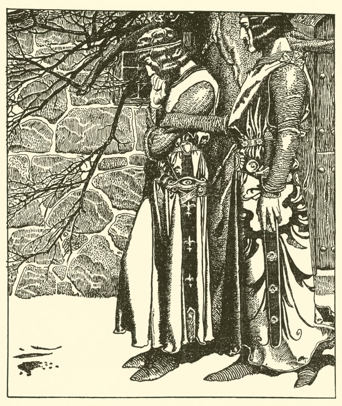 Sir Kay przerywa medytacje Sir Percivala autorstwa after Howard Pyle