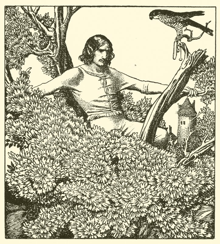 Sir Launcelot wspina się, by złapać sokoła damy autorstwa after Howard Pyle
