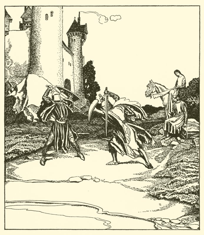Sir Launcelot walczy z Sir Turquinem autorstwa after Howard Pyle