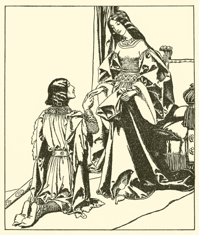 Sir Launcelot wita królową Ginewrę autorstwa after Howard Pyle
