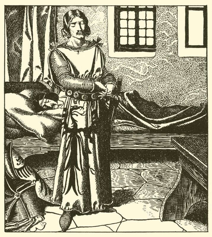 Sir Launcelot zabiera zbroję Sir Kay autorstwa after Howard Pyle