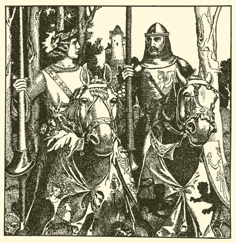Sir Percival i Sir Lamorack jeżdżą razem autorstwa after Howard Pyle