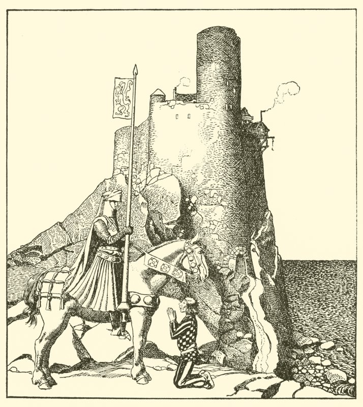 Sir Tristram przybywa do zamku Sir Nabon autorstwa after Howard Pyle