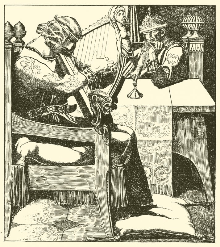 Sir Tristram harfą przed królem Markiem autorstwa after Howard Pyle