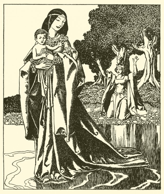Lady Nymue zabiera Launcelot do jeziora autorstwa after Howard Pyle