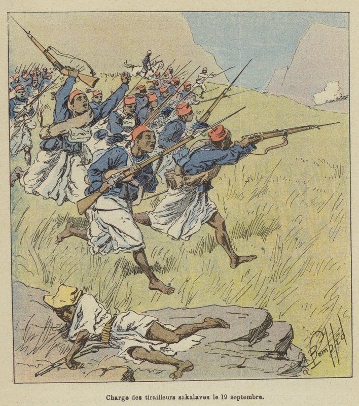 Szarża harcowników Sakalave 19 września autorstwa after Louis Charles Bombled