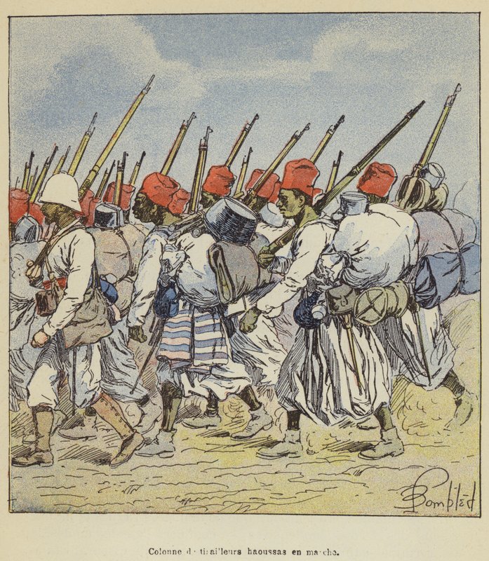 Kolumna harcowników Hausa w marszu autorstwa after Louis Charles Bombled