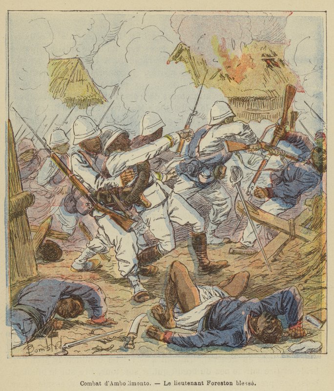 Walka z Ambodimonto, rany porucznika Forestona autorstwa after Louis Charles Bombled