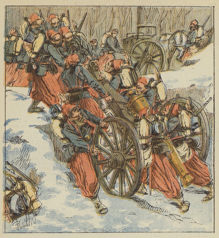 Walka z Chilleurs-aux-Bois, żuawowie wycofują dwie sztuki po 12 z dołu, pod ostrzałem Prusów autorstwa after Louis Charles Bombled