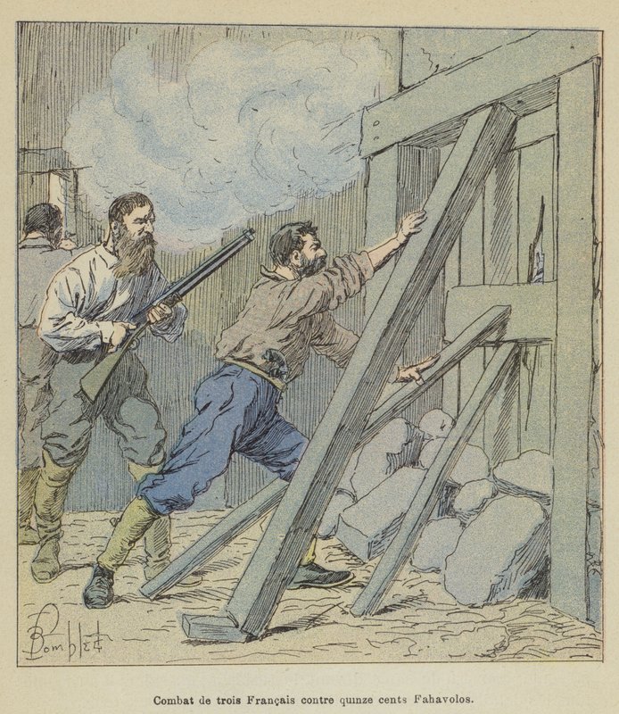 Walka trzech Francuzów przeciwko 1500 Fahavolos autorstwa after Louis Charles Bombled