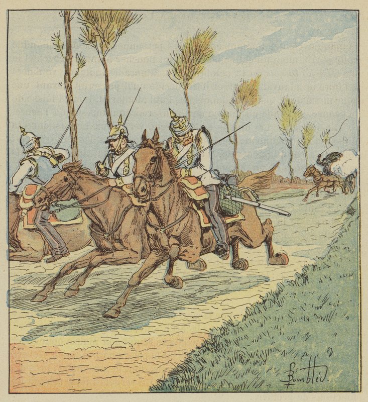 Pruscy kirasjerzy ścigani przez franc-tireurów autorstwa after Louis Charles Bombled
