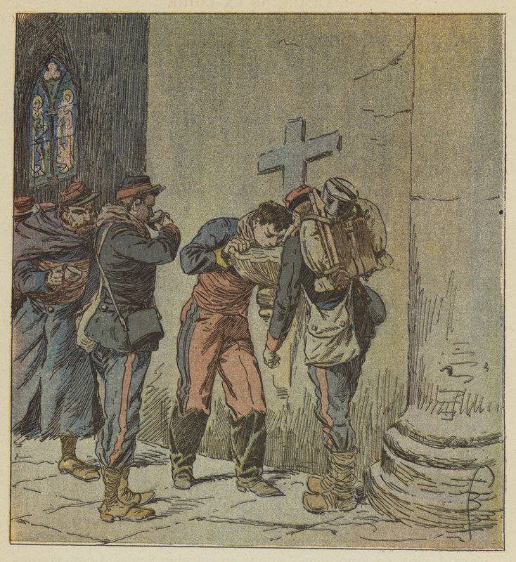 W kościele Villiers francuscy więźniowie umierający z pragnienia dzielą się zawartością zupy autorstwa after Louis Charles Bombled