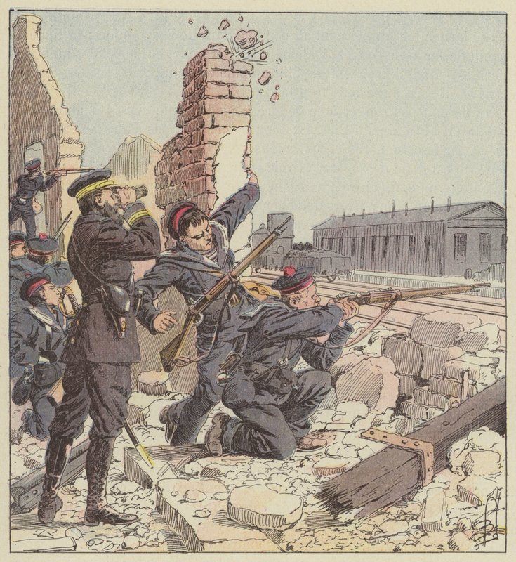 Obrona stacji Tien-Cin przez marines autorstwa after Louis Charles Bombled