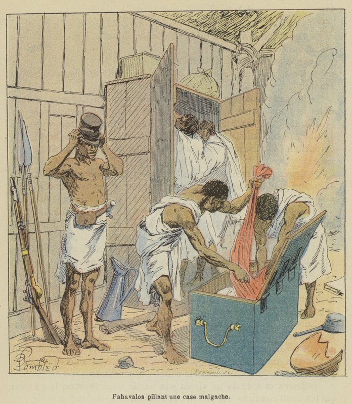 Fahavalos rzucający malgaskim pudełkiem autorstwa after Louis Charles Bombled