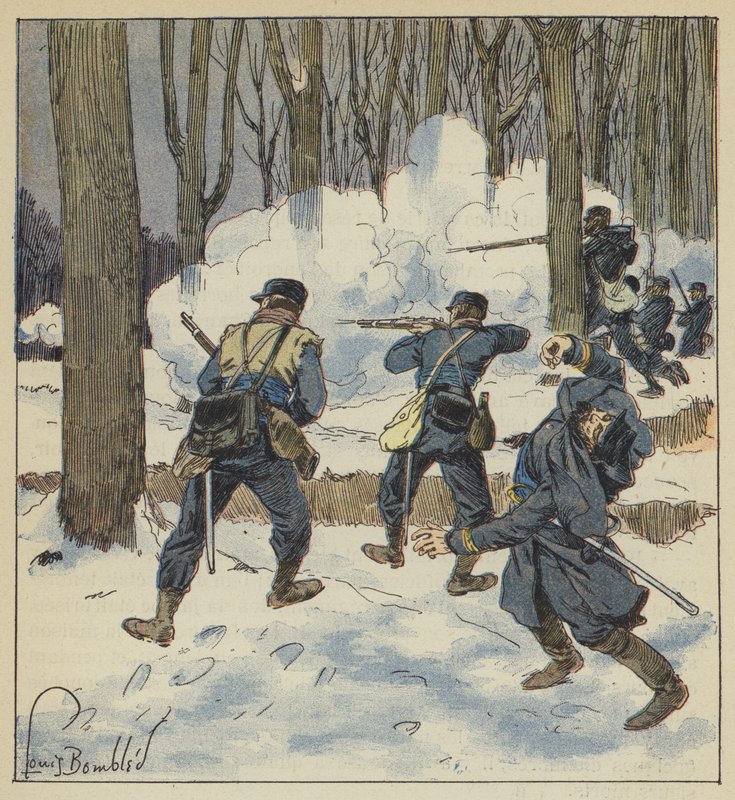Francuzi-kierowcy walczący pod boiskiem (Francs-tireurs combattant sous bois) autorstwa after Louis Charles Bombled