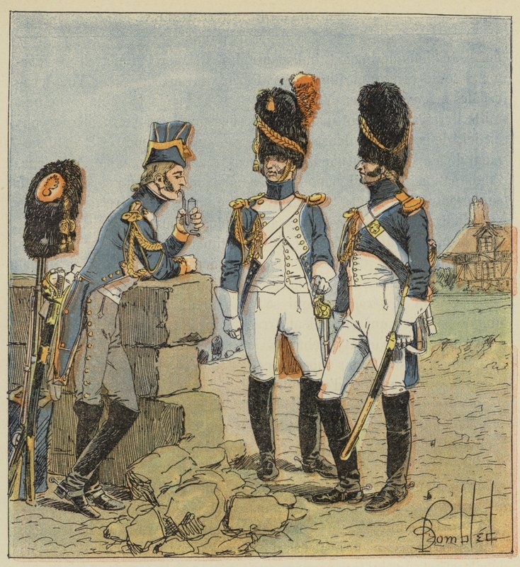 Gwardia cesarska, grenadierzy, rozbieranie, pełny strój, strój polowy autorstwa after Louis Charles Bombled