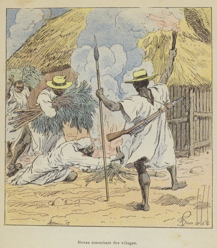 Hovas płonące wioski autorstwa after Louis Charles Bombled