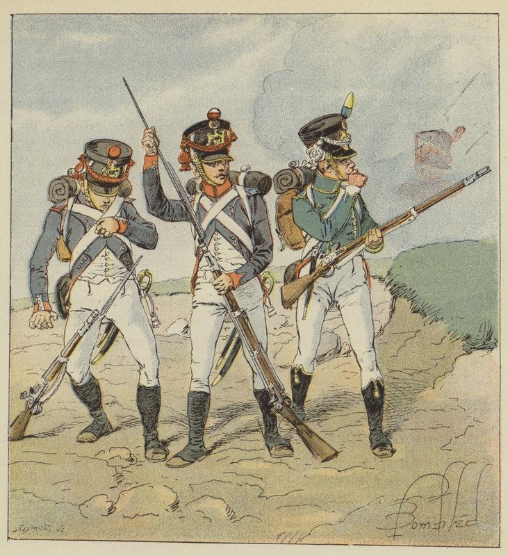 Młoda gwardia, 1806, Poborowy-grenadier, Tirailleur-grenadier, Flanqueur-chasseur autorstwa after Louis Charles Bombled