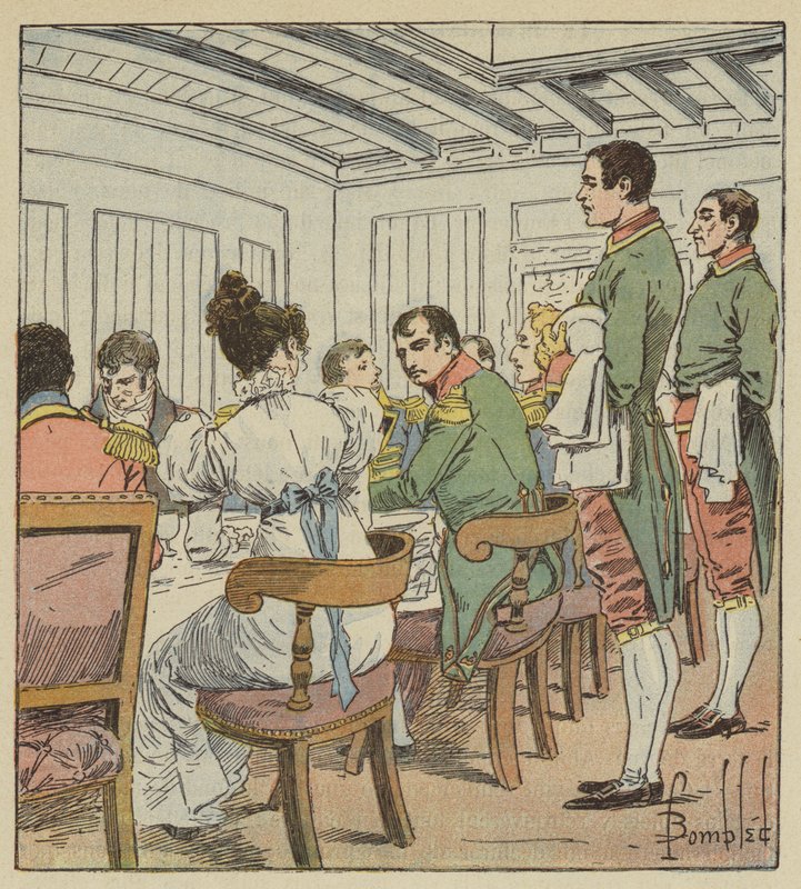 Cesarz miał po lewej stronie Madame de Montholon autorstwa after Louis Charles Bombled