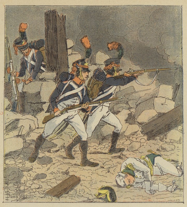 Cesarz wysłał harcowników swojej gwardii do Aspern autorstwa after Louis Charles Bombled