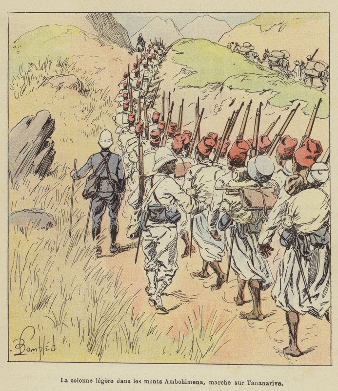 Lekka kolumna w górach Ambohimena, maszeruje na Tananarive autorstwa after Louis Charles Bombled