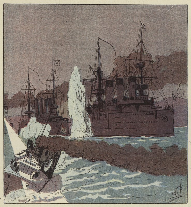Flota rosyjska zostaje storpedowana przez Japończyków autorstwa after Louis Charles Bombled