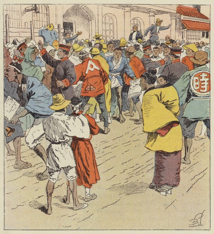 Tłum czekający na wieści o wojnie przed Figi-Humpo autorstwa after Louis Charles Bombled