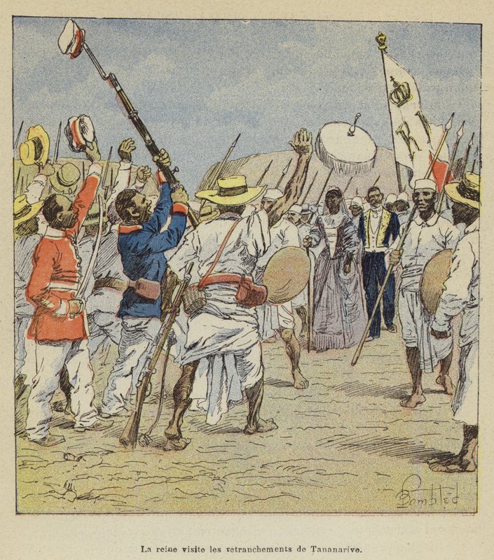 Królowa odwiedza szańce Antananarywa autorstwa after Louis Charles Bombled