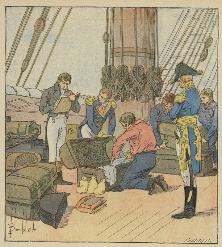 Angielski Lamiraut przeprowadza inwentaryzację bagażu Napoleona autorstwa after Louis Charles Bombled