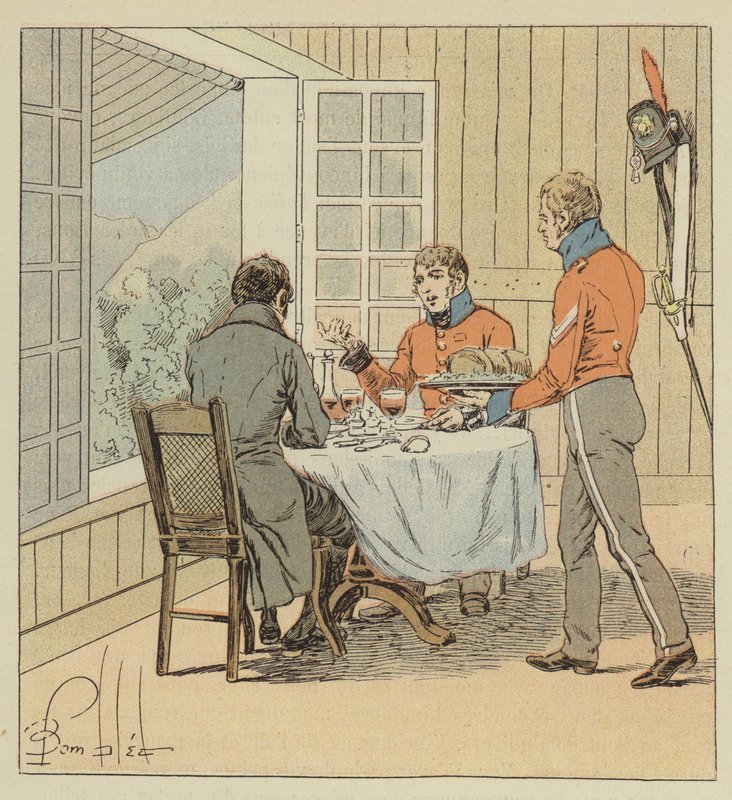 Las-Cases je obiad z oficerem dyżurnym autorstwa after Louis Charles Bombled