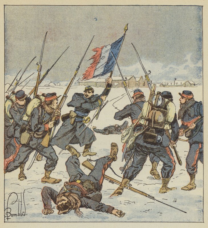 Kapitan Couturie z Mobiles of Sarthe wystrzeliwuje z flagą w dłoni do ataku Mee autorstwa after Louis Charles Bombled