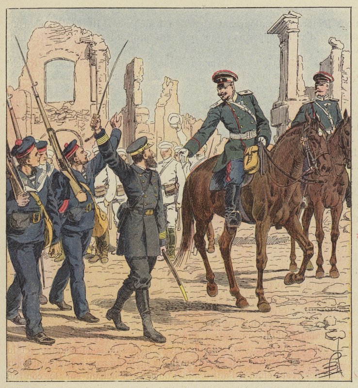 Kapitan de Marolles i generał Stessel autorstwa after Louis Charles Bombled