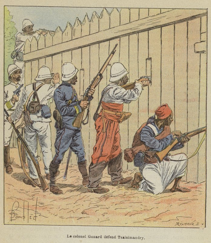 Pułkownik Gonard broni Tsainimandry autorstwa after Louis Charles Bombled