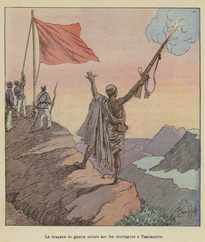 Flaga wojenna powiewa nad górami w Tananarive autorstwa after Louis Charles Bombled