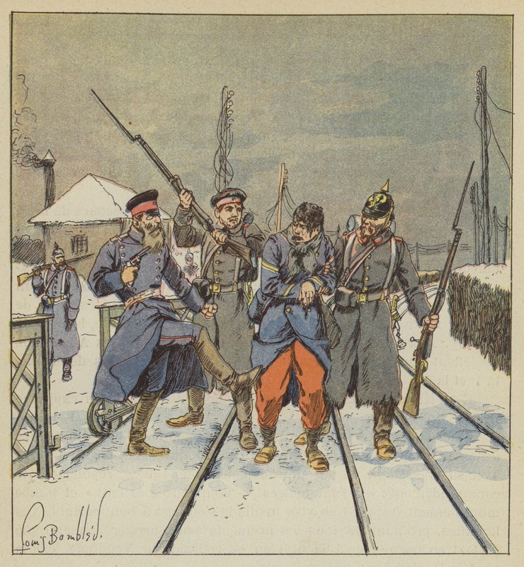 Kwatermistrz Papot, ranny i wzięty do niewoli, zostaje haniebnie pobity przez pruskiego oficera autorstwa after Louis Charles Bombled