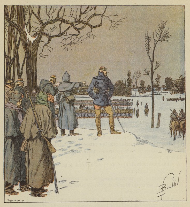 Generał Chanzy podróżuje na front pozycji, 11 stycznia przed bitwą autorstwa after Louis Charles Bombled
