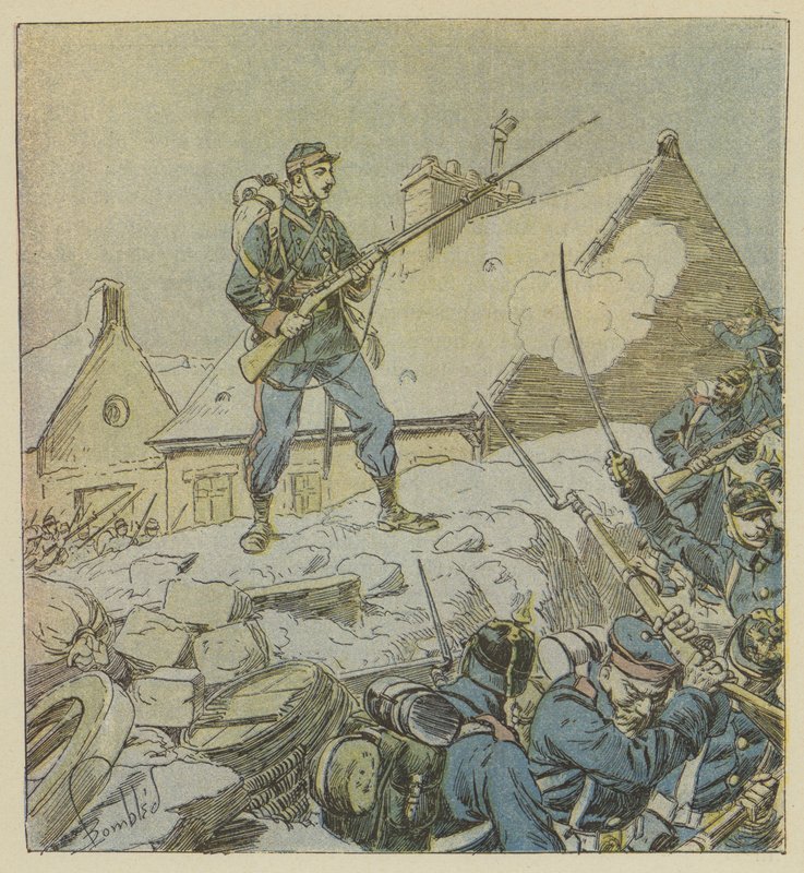 Sierżant Pitou, nieustraszony wspinający się na barykadę Courceboeufs, postanowił zająć wioskę autorstwa after Louis Charles Bombled