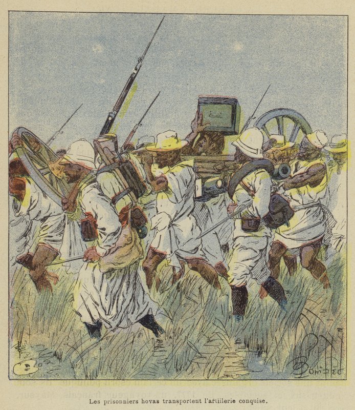 Więźniowie Hova niosą zdobytą artylerię autorstwa after Louis Charles Bombled