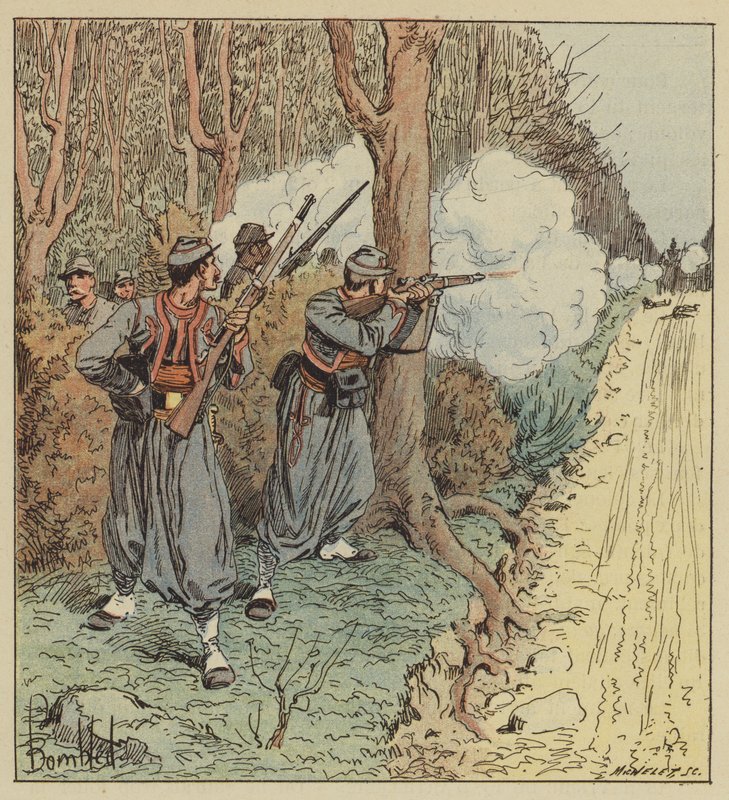 Papiescy żuawowie wycofują się przez las orleański, trzymając Bawarczyków w szachu autorstwa after Louis Charles Bombled